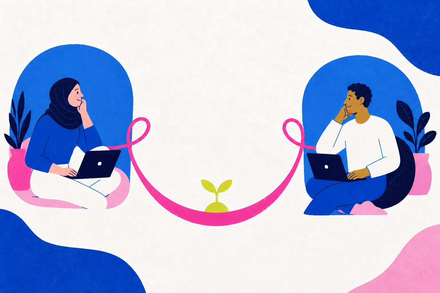 Two people meeting privately online, including a woman in a hijab, connected by a flowing cradle-shaped line